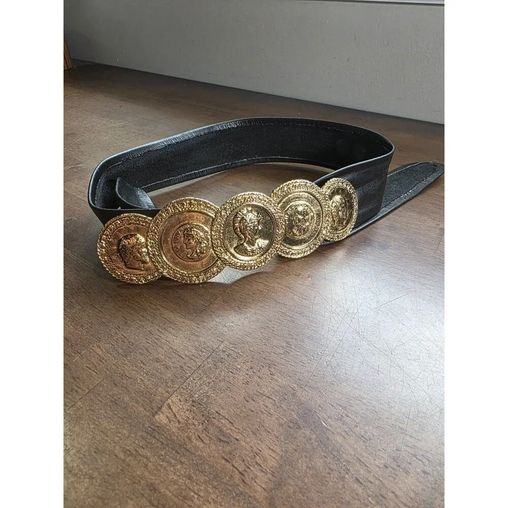 Vintage Leather Shop Black Leather Belt Gold Coin Medallion Roman Greek Bust